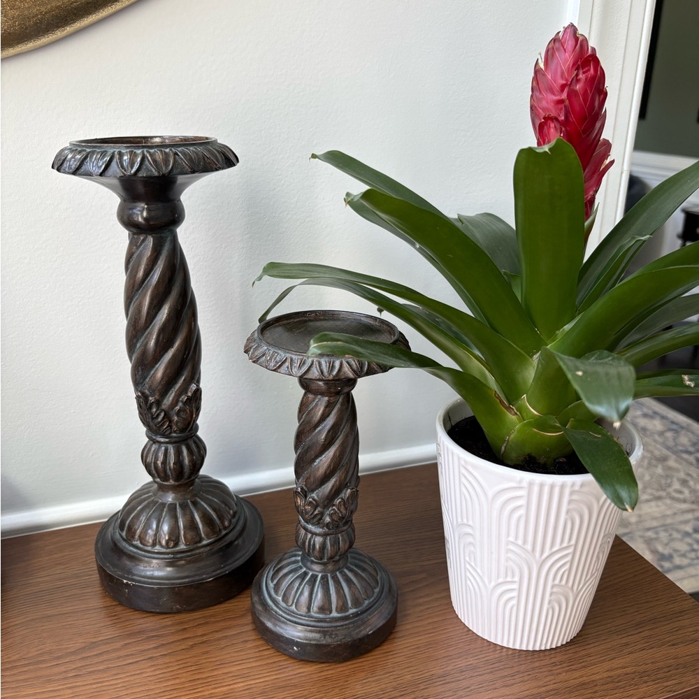 Decorative Twisted Column Candle Holders in Dark Bronze Set of Two, Resin, Decor